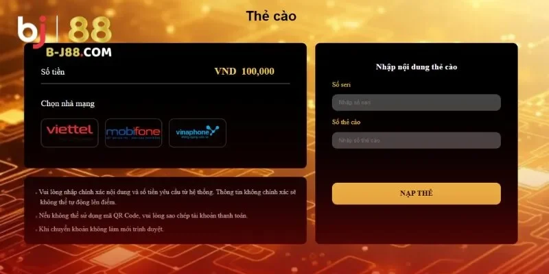 Việc nạp tiền BJ88 được thiết kế đơn giản, dễ hiểu
